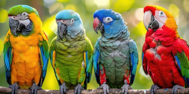 Photo different colored parrots on a branch ai generation