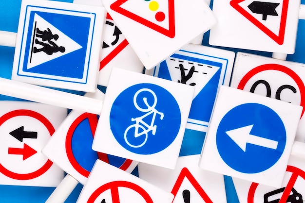 Different colored traffic signs in the warehouse