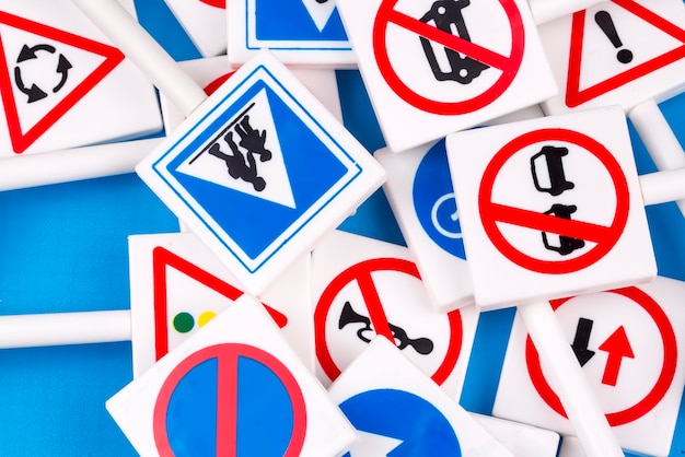 Different colored traffic signs in the warehouse