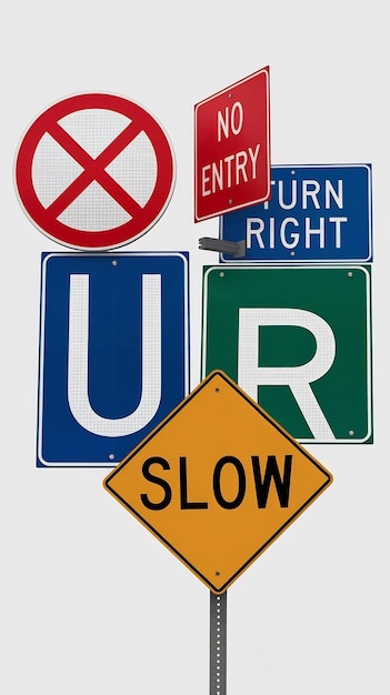 Different colored traffic signs on the white background