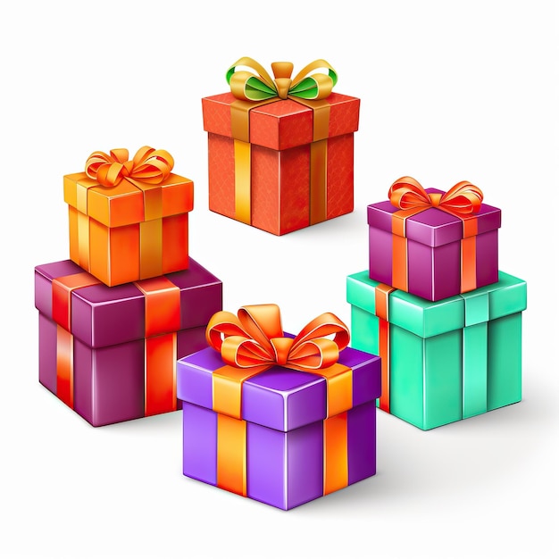 different colorful gift boxes isolated on a white background in the style of realistic yet stylized