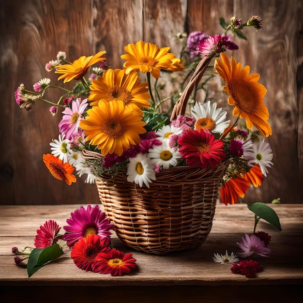 different colour flower is in the corner of a picture a big basket