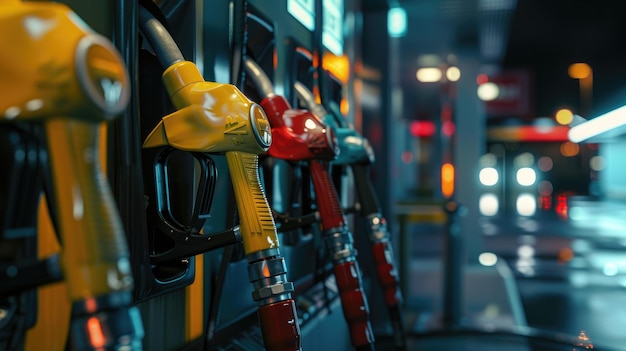 Different colours gas station pumps