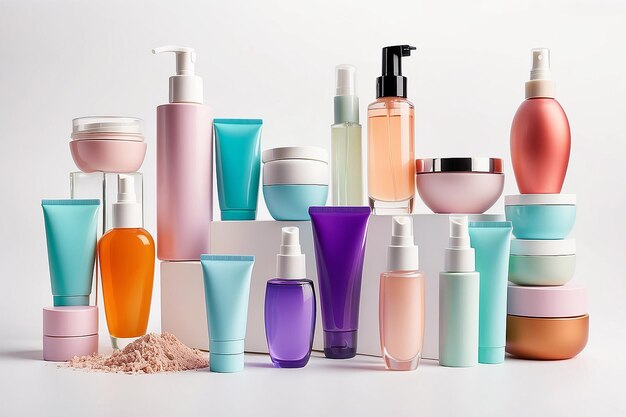 Different cosmetic products for personal care on white backdrop