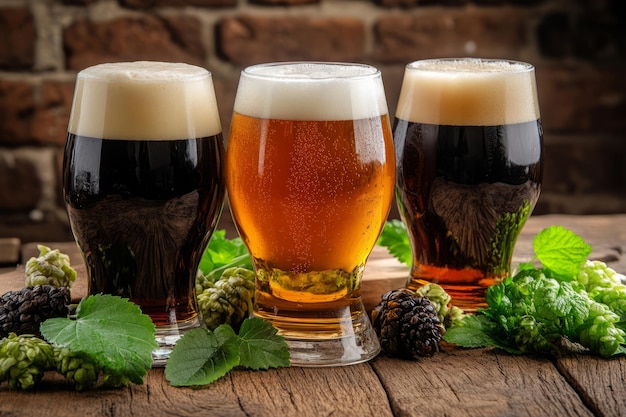 Photo different craft beers standing on bar top in brewery