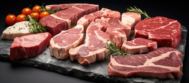 Different cuts of beef pork and chicken on a solid stone surface available for cooking presented