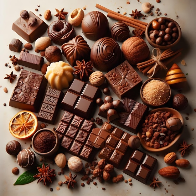 Different delicious chocolate candies on black table flat lay