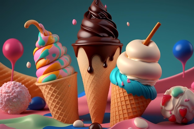 Different delicious ice cream in waffle cones Sweet cream drops of syrup tubules Creative food illustration created by Generative AI