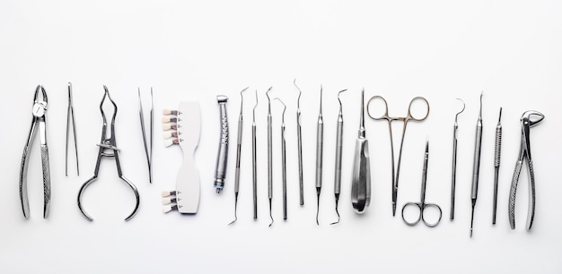 Different dental metal tools on white table