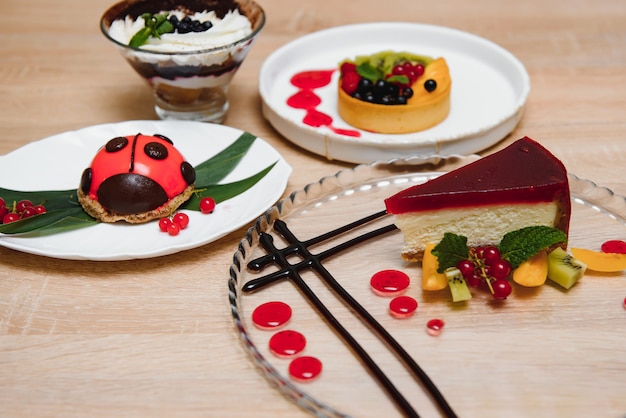 Different desserts on the table in a cafe