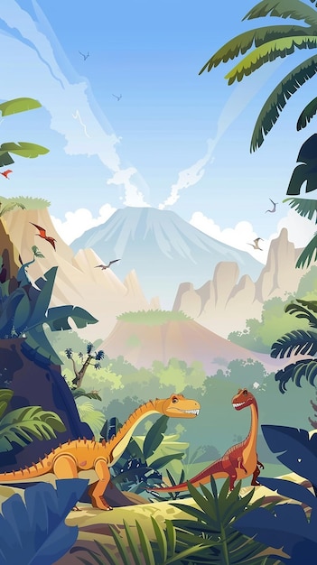 Photo different dinosaurs in natural environment cartoon illustration