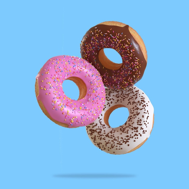 Different donuts fly on a blue background Minimal concept 3D render illustration