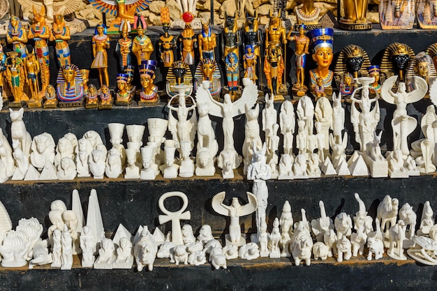 Different egyptian souvenirs for sale in a street shop