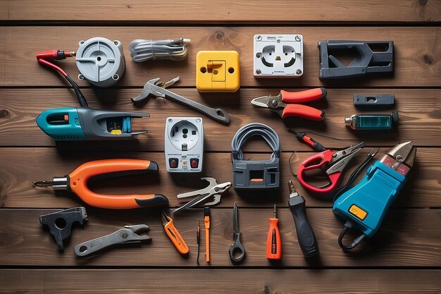 Different electrical tools on wooden background flat lay