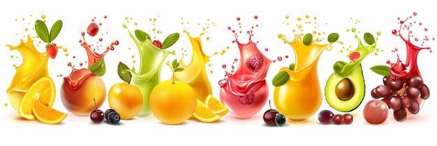 Photo different flavor fruits and juice on white background