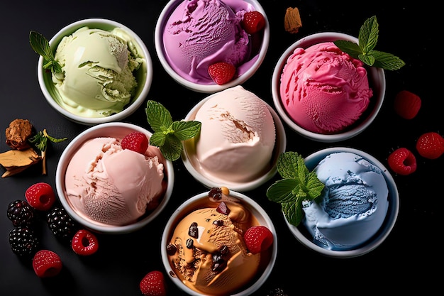 Different flavors of ice cream and ice creamAI technology generated image