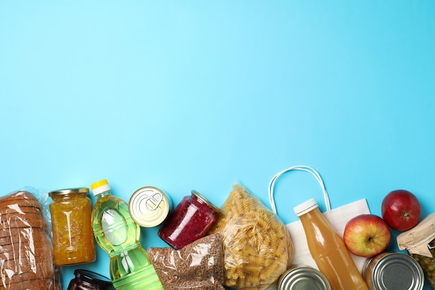 Different food on blue background