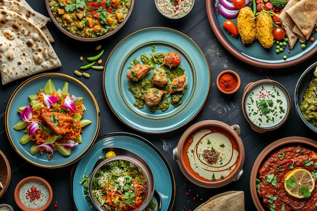 Different food cooked on a wooden table