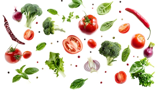 Different fresh vegetables in air on white background