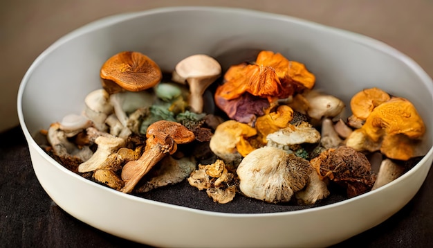 Different fresh wild mushrooms in bowl on wooden background top view Generative Ai