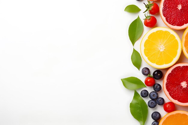 Different fruits on white background with copy space