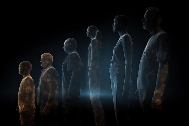 Different generations of family stand together against dark abstract background Generative AI