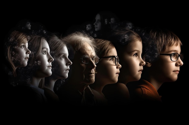 Different generations of family stand together against dark abstract background Generative AI