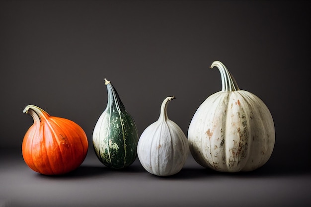 Different gourd colours and shapes side by side on a studio minimal photoshoot dark background