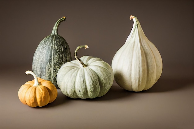 Different gourd colours and shapes side by side on a studio minimal photoshoot dark background