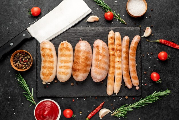 Different grilled sausages with spices and rosemary served on a cutting board on a stone background with copy space for your text