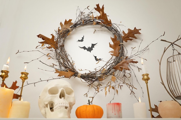 Different Halloween decor on table indoors Festive interior