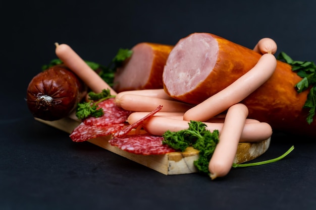 Different ham and salami with herbs on a dark background