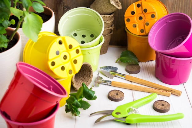 Different home garden tools and colorful pots on a wooden table