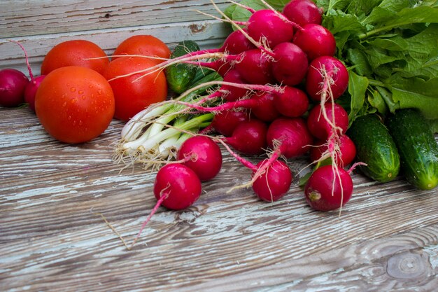 Different homegrown vegetables on white wooden background. selective focus.