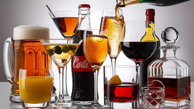 Different images of alcohol beer martini cola champagne wine juice scotch whiskey