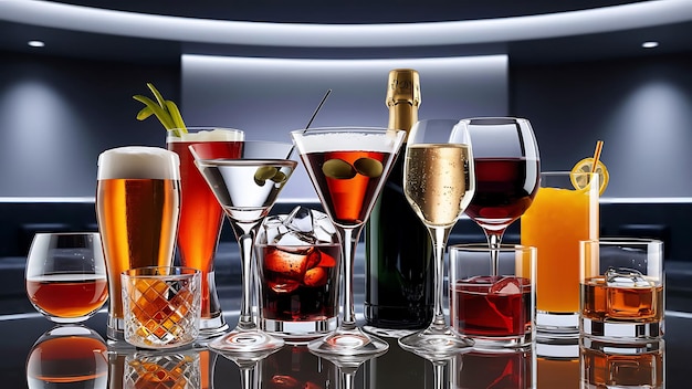 Different images of alcohol beer martini cola champagne wine juice scotch whiskey