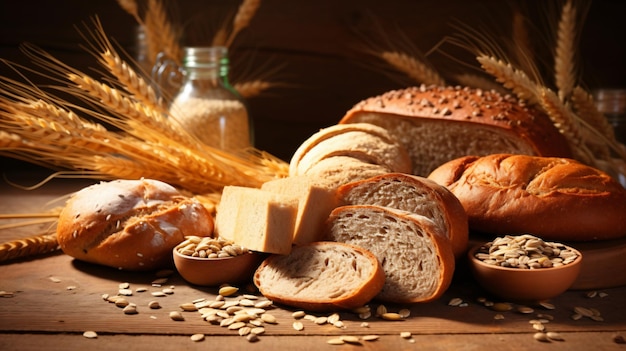 Different kinds of bread with nutrition whole grains