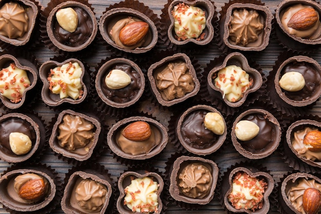 Different kinds of chocolates on colored table closeup Top View and Flat Lay