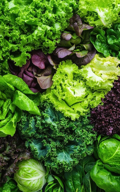 different kinds of lettuce assortment background top view filling the entire image