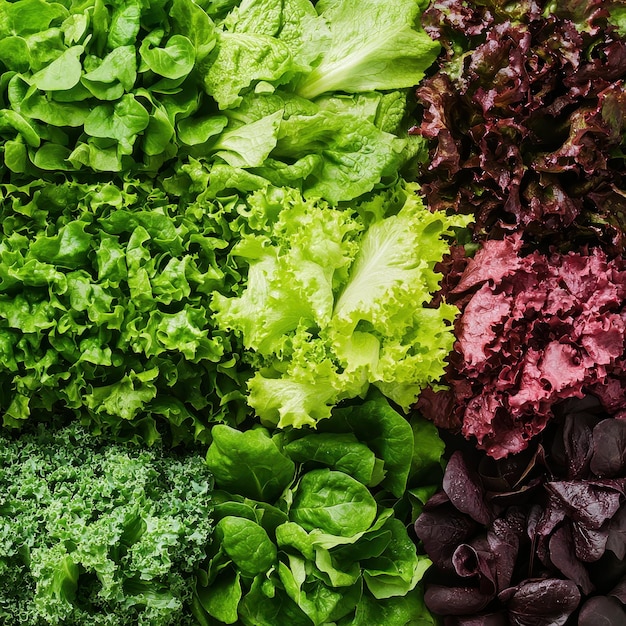 different kinds of lettuce assortment background top view filling the entire image