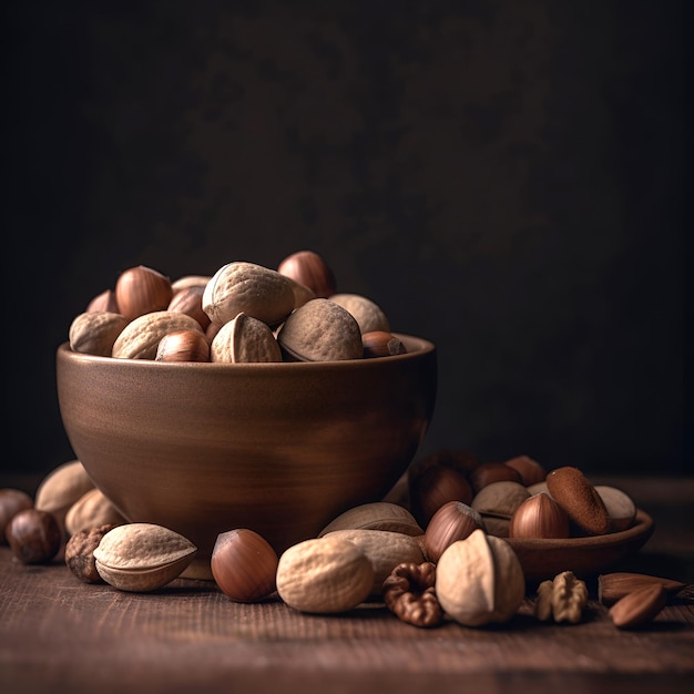 Different kinds of nuts in wooden bowl in shell on dark background AI generated