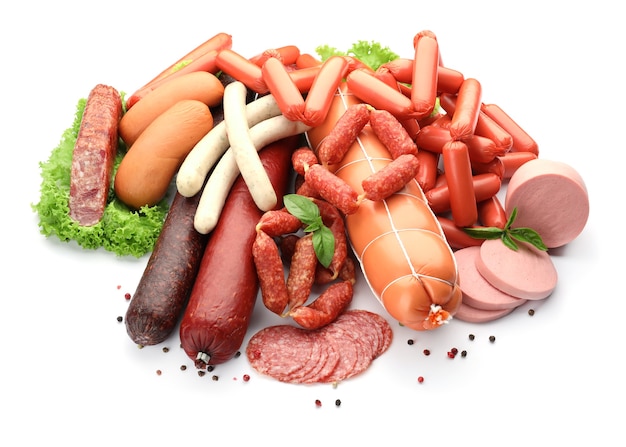 Different kinds of sausages on white