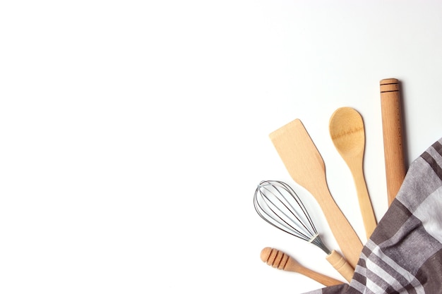 Different kitchenware on a light background top view cooking appliances