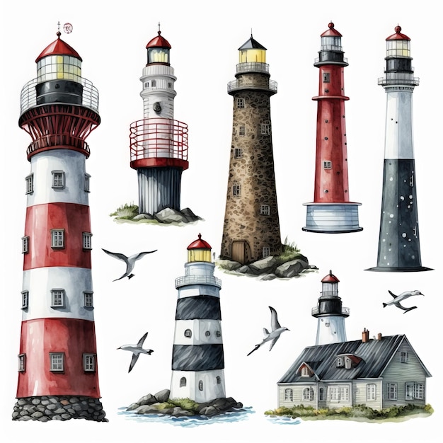 Different lighthouses, high detailed clipart on white background, watercolor painting