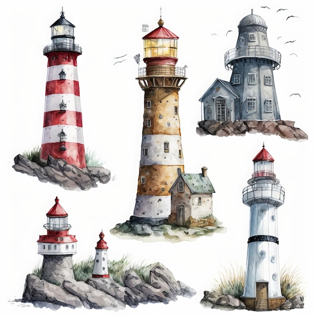 Different lighthouses, high detailed clipart on white background, watercolor painting