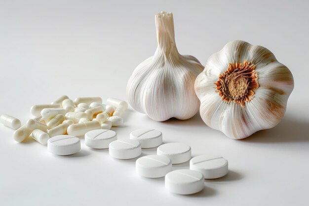 Photo different medical tablets and garlic as a traditional remedy for common cold