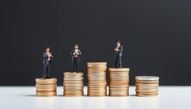 Photo different miniature businessman standing on different height coins stacking inequality income and