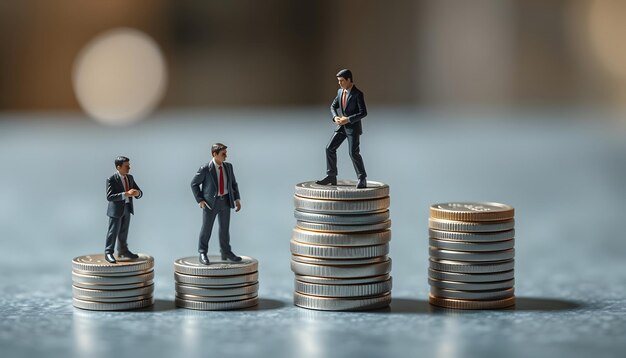 Photo different miniature businessman standing on different height coins stacking inequality income and