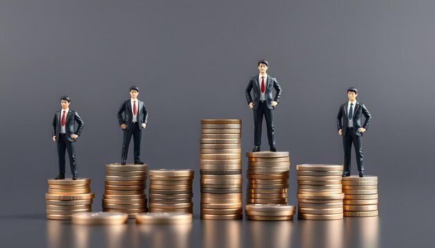 Different miniature businessman standing on different height coins stacking Inequality income and