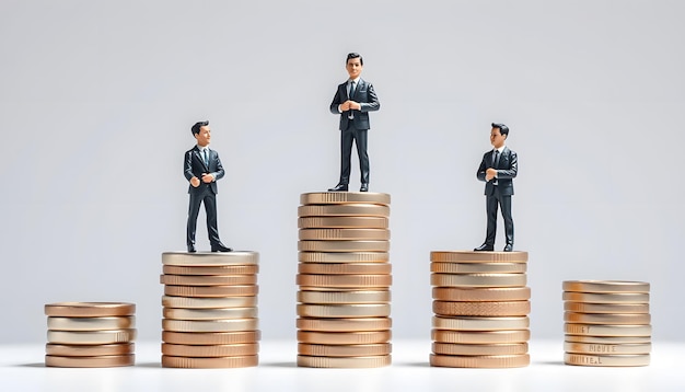 Photo different miniature businessman standing on different height coins stacking inequality income and